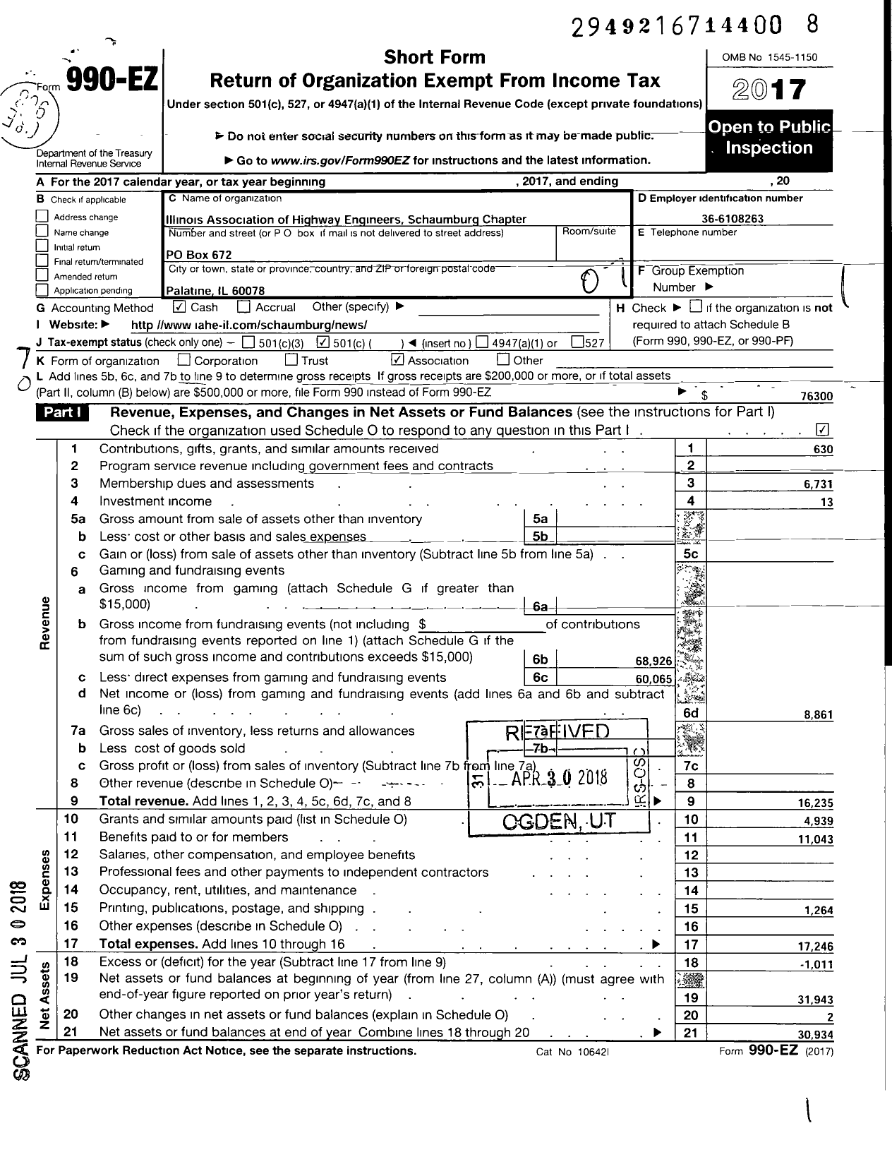 Image of first page of 2017 Form 990EO for Illinois Association of Highway Engineers Schaumburg Chapter