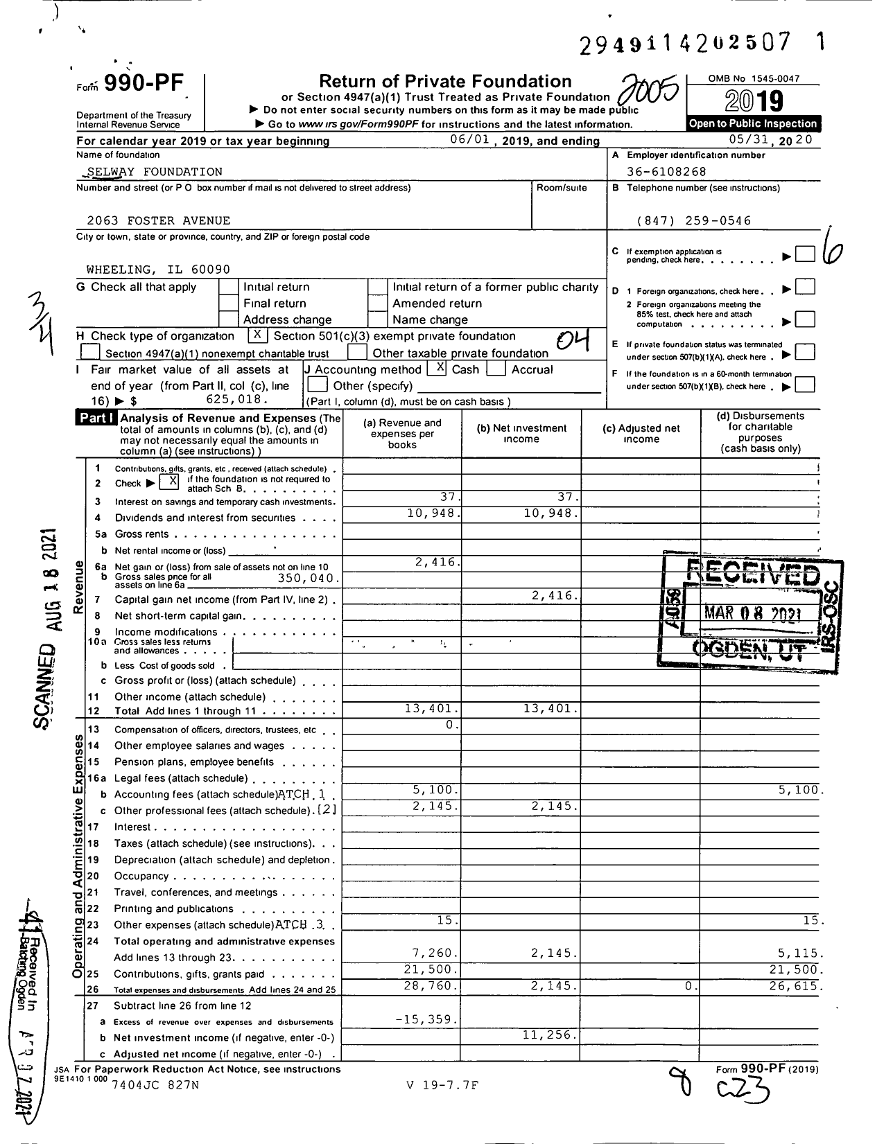 Image of first page of 2019 Form 990PF for Selway Foundation