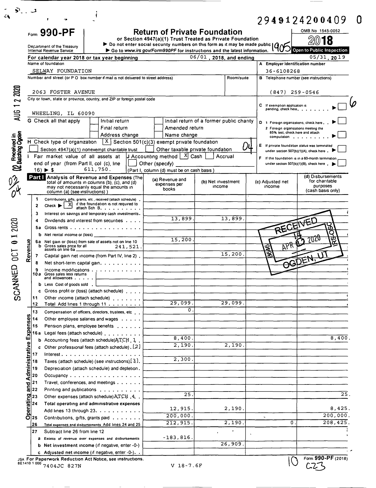 Image of first page of 2018 Form 990PR for Selway Foundation