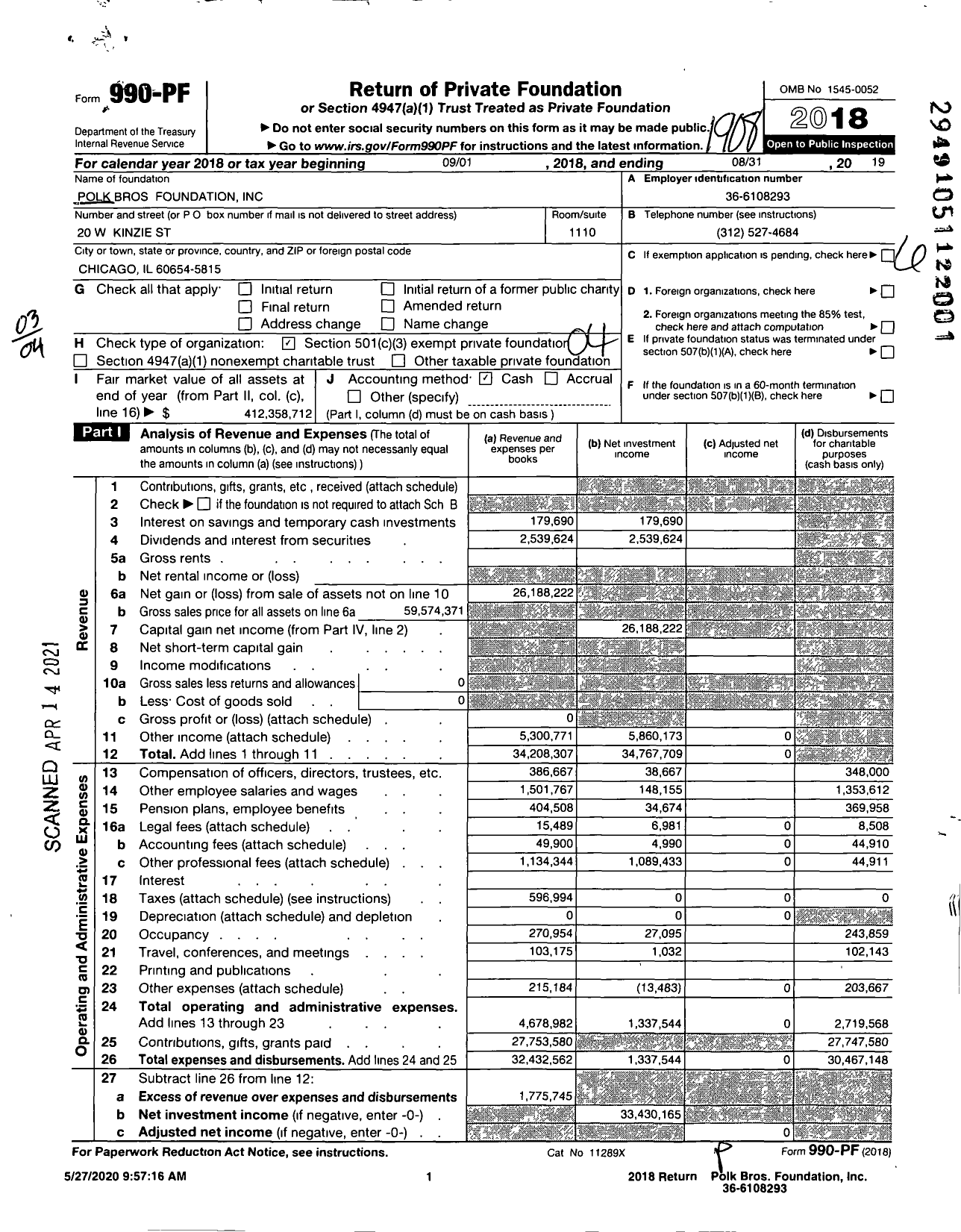 Image of first page of 2018 Form 990PF for Polk Bros Foundation