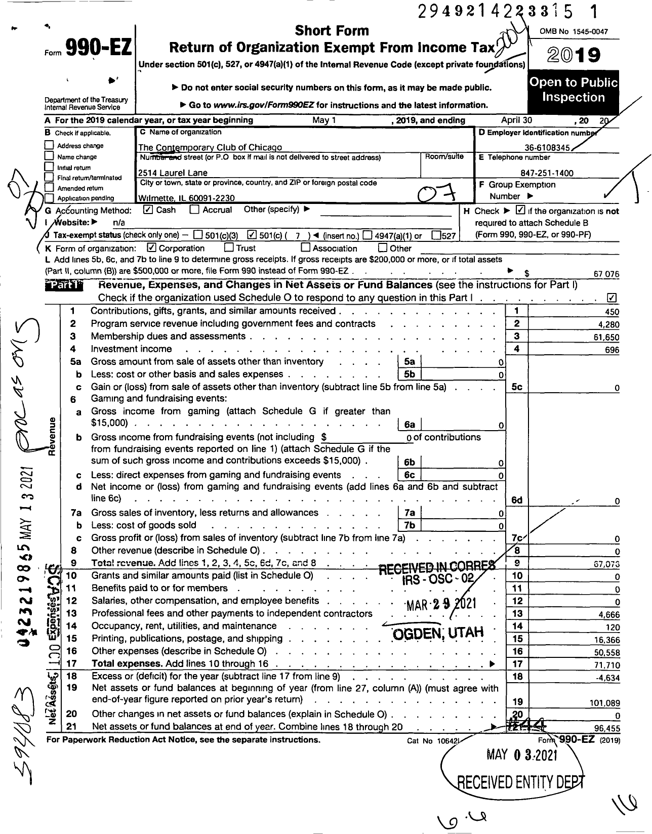 Image of first page of 2019 Form 990EO for The Contemporary Club of Chicago