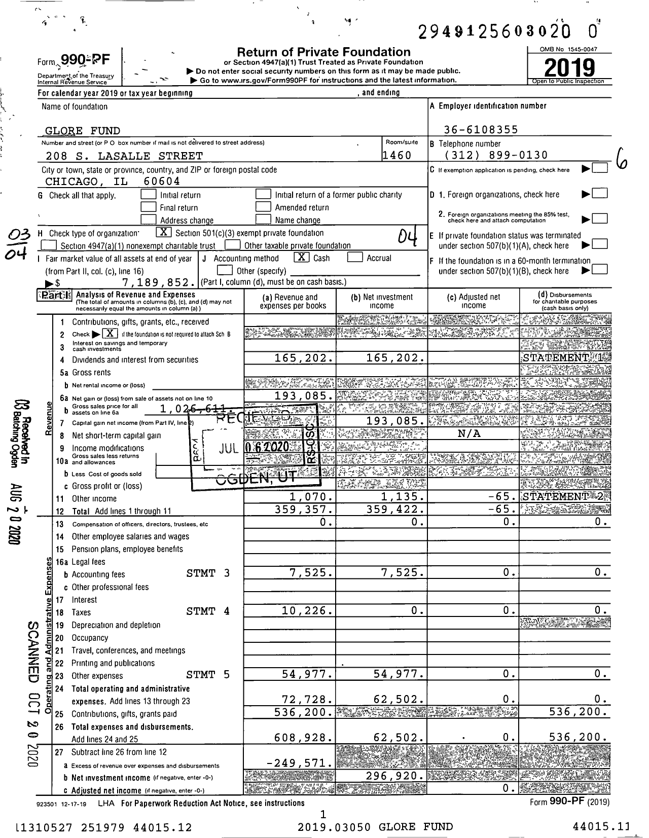 Image of first page of 2019 Form 990PR for Glore Fund