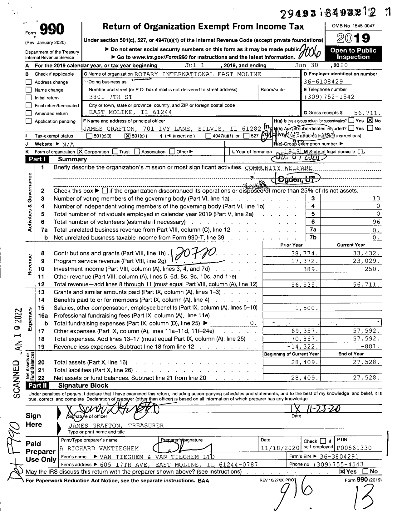 Image of first page of 2019 Form 990O for Rotary International - East Moline Silvis Il Rotary Club