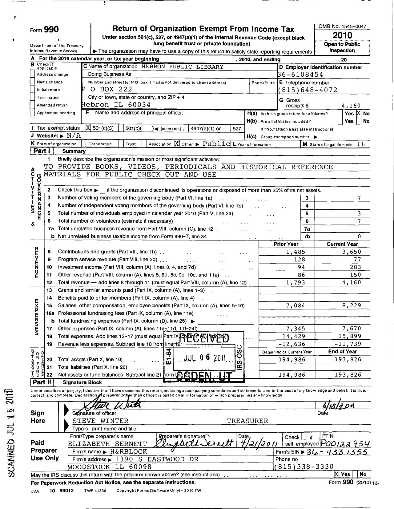 Image of first page of 2010 Form 990 for Hebron Public Library