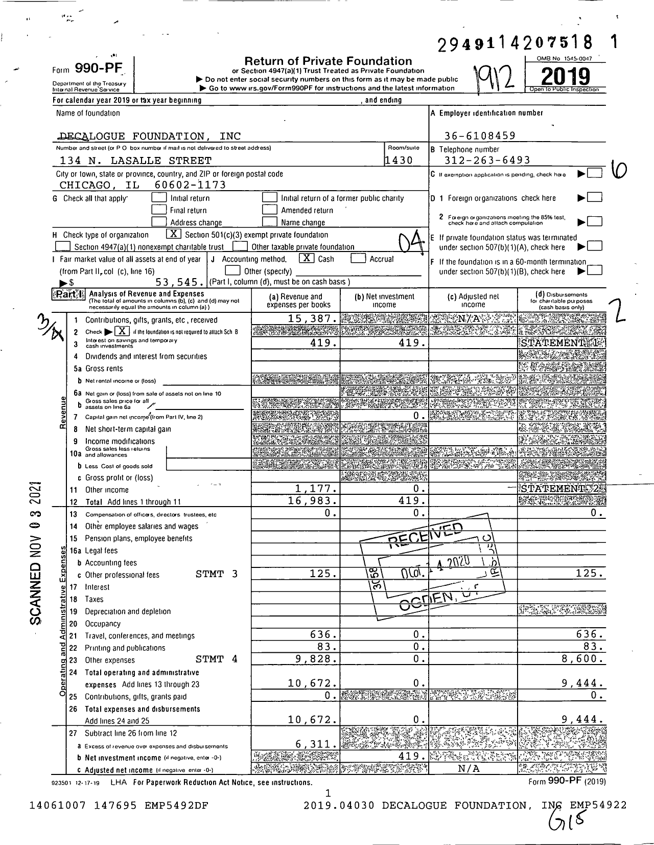 Image of first page of 2019 Form 990PF for Decalogue Foundation