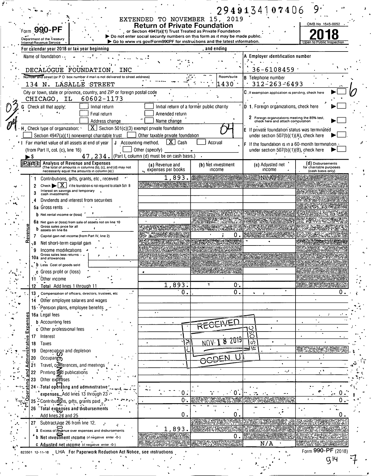 Image of first page of 2018 Form 990PF for Decalogue Foundation