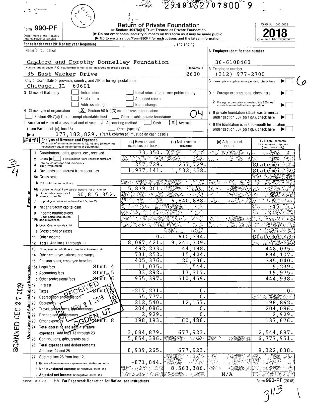 Image of first page of 2018 Form 990PF for Gaylord and Dorothy Donnelley Foundation