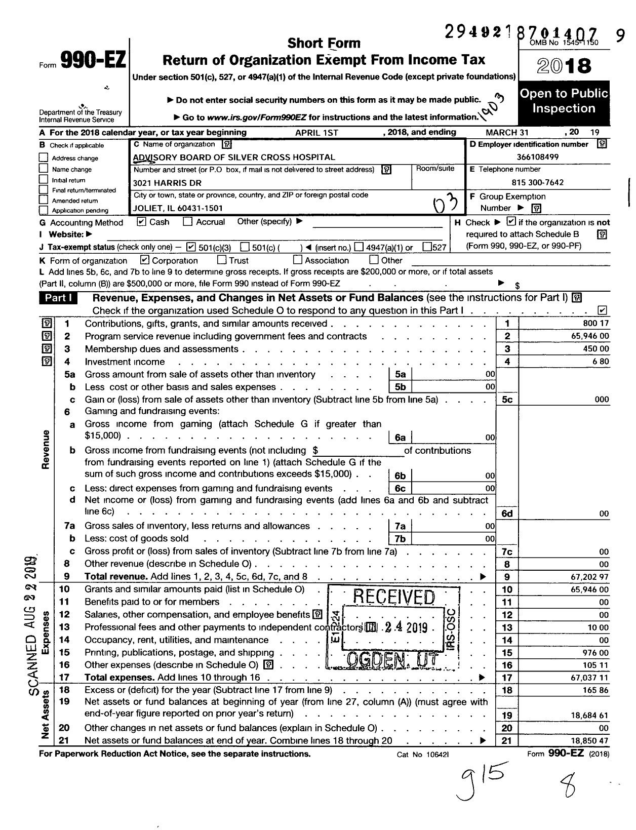 Image of first page of 2018 Form 990EZ for Advisory Board of Silver Cross