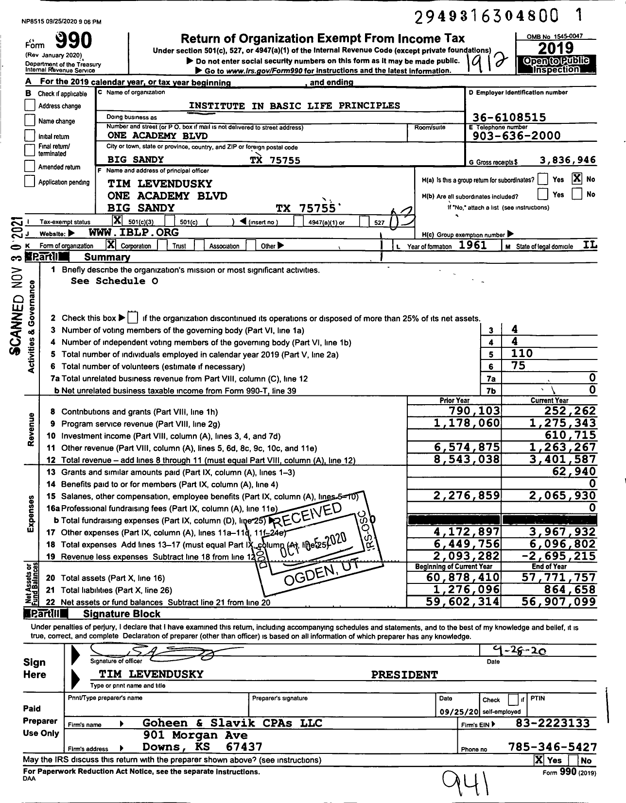 Image of first page of 2019 Form 990 for Institute in Basic Life Principles (IBLP)