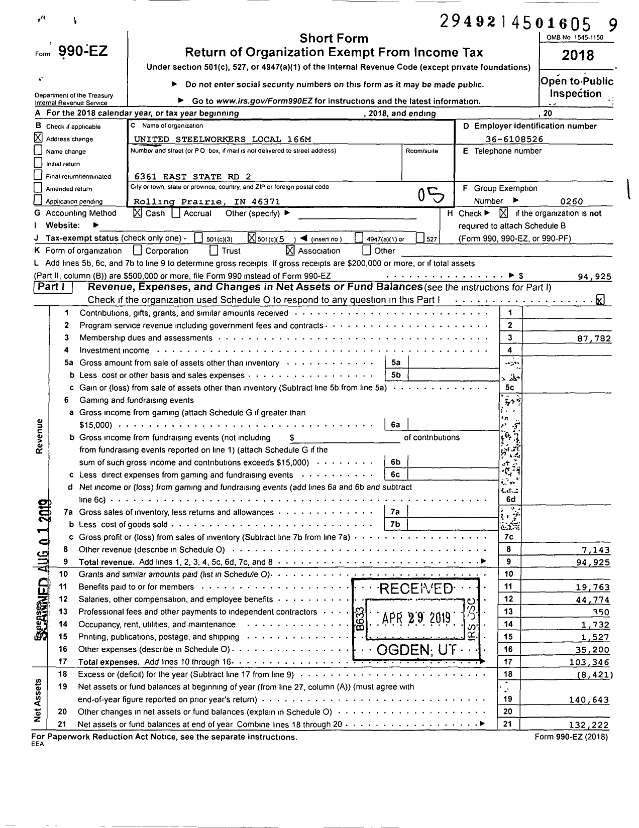 Image of first page of 2018 Form 990EO for United Steelworkers - 00166m Local