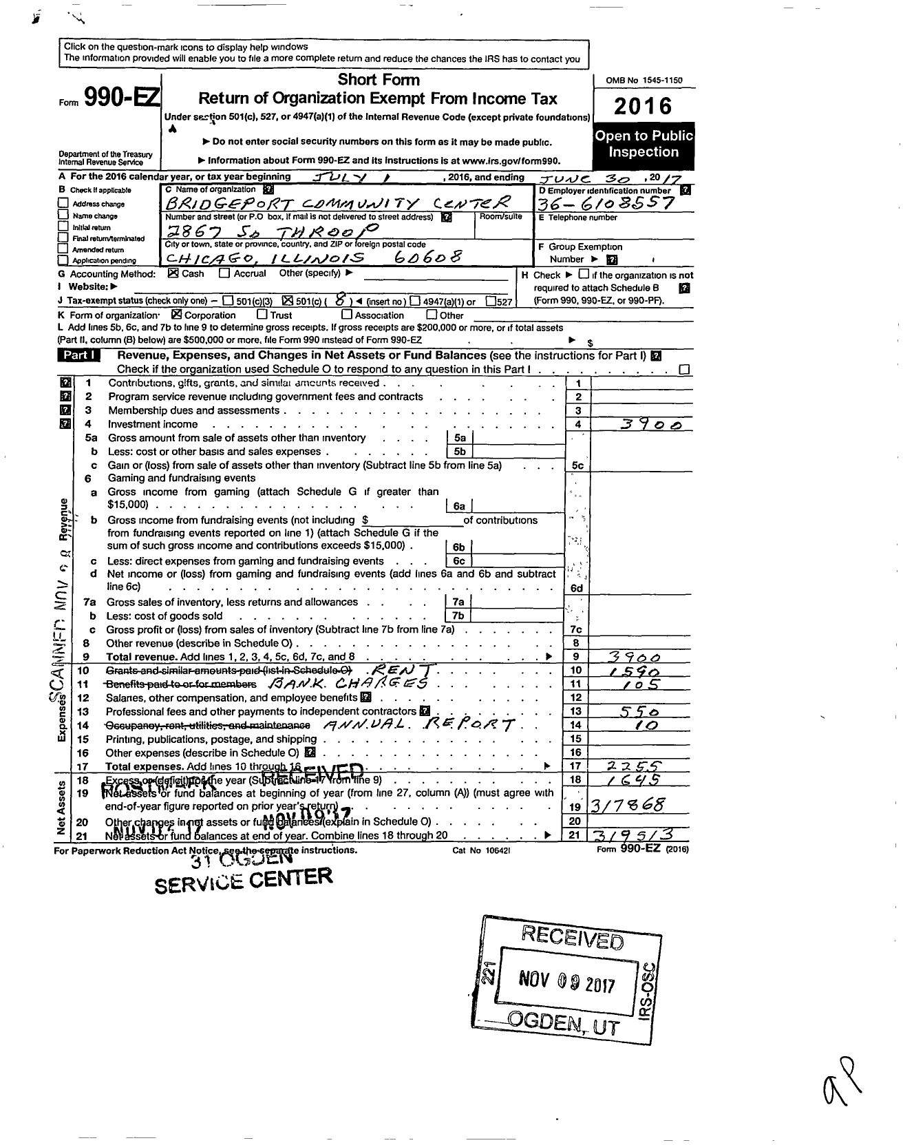 Image of first page of 2016 Form 990EO for Bridgeport Community Center