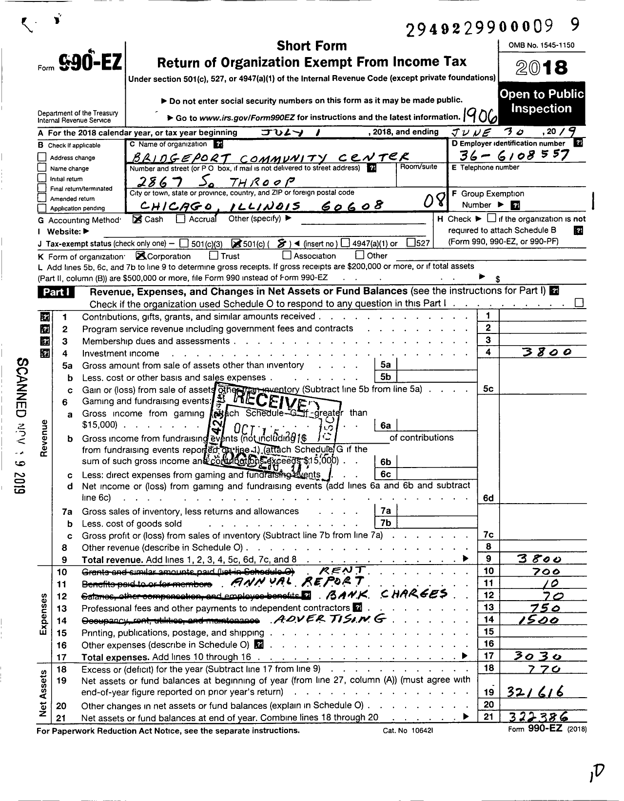 Image of first page of 2018 Form 990EO for Bridgeport Community Center