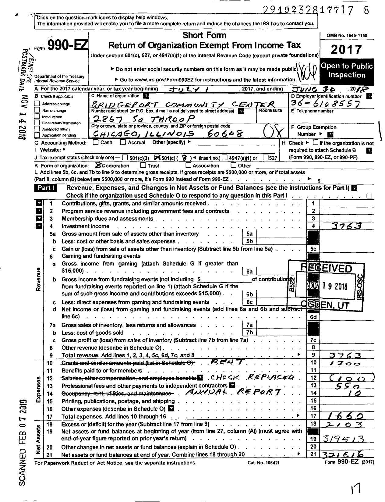 Image of first page of 2017 Form 990EO for Bridgeport Community Center