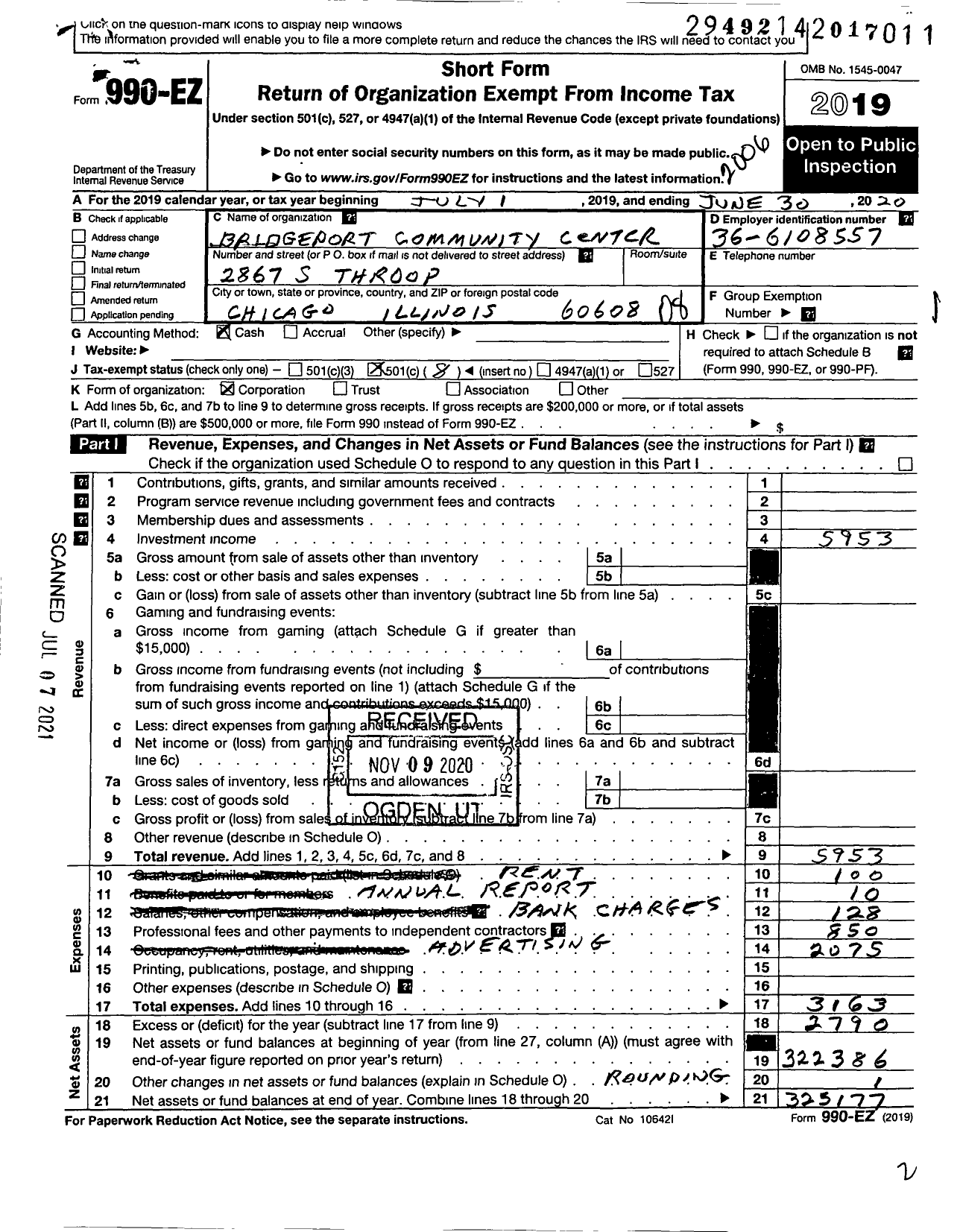 Image of first page of 2019 Form 990EO for Bridgeport Community Center