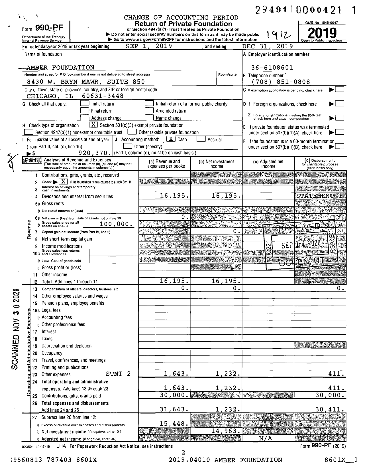 Image of first page of 2019 Form 990PF for Amber Foundation