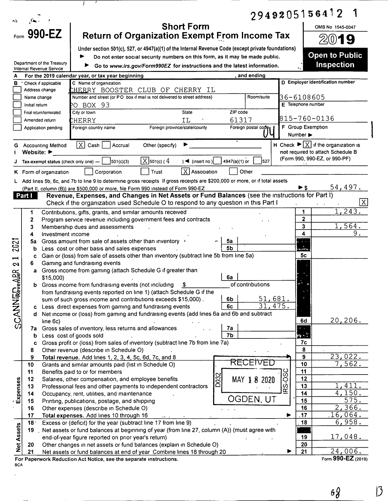 Image of first page of 2019 Form 990EO for Cherry Booster Club of Cherry Il