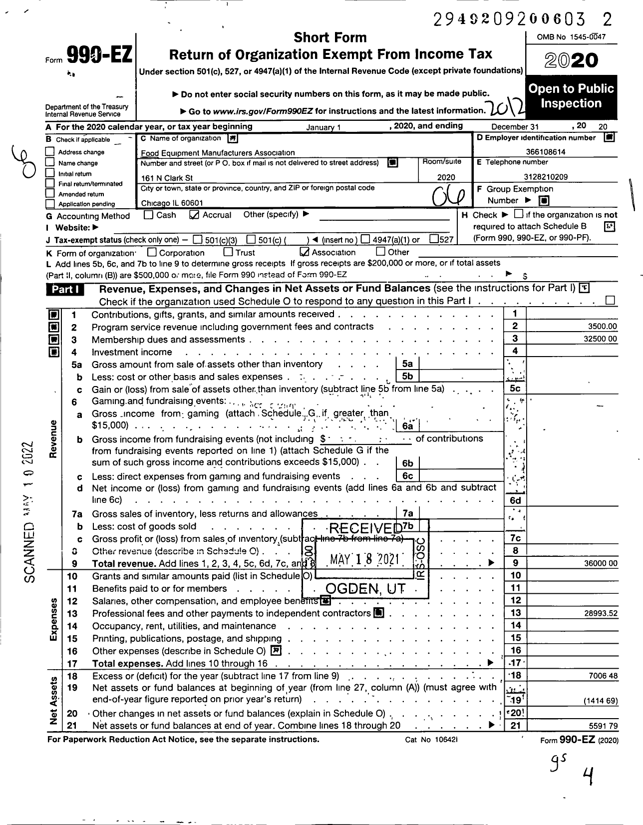 Image of first page of 2020 Form 990EO for Food Equipment Manufacturers Association