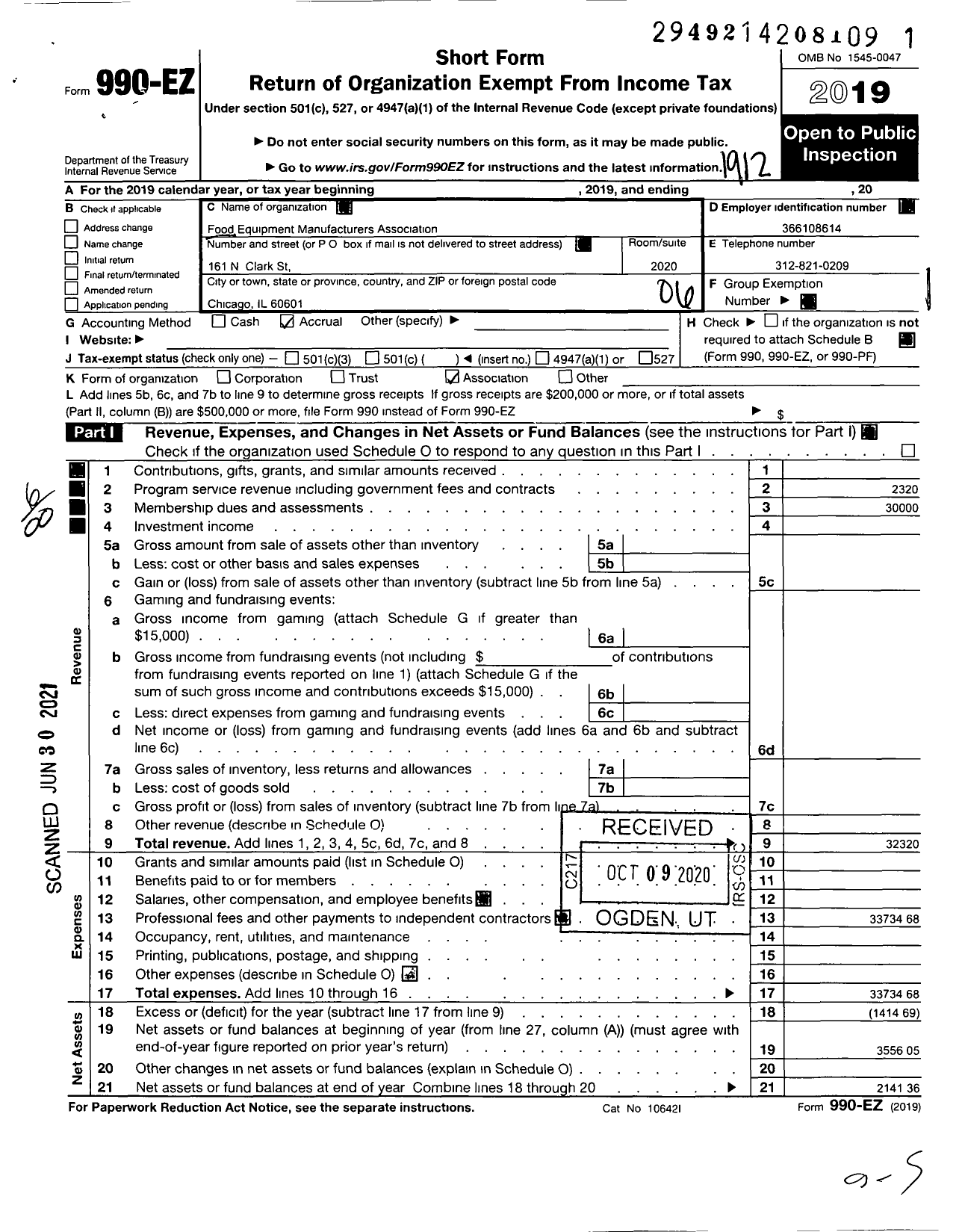 Image of first page of 2019 Form 990EO for Food Equipment Manufacturers Association