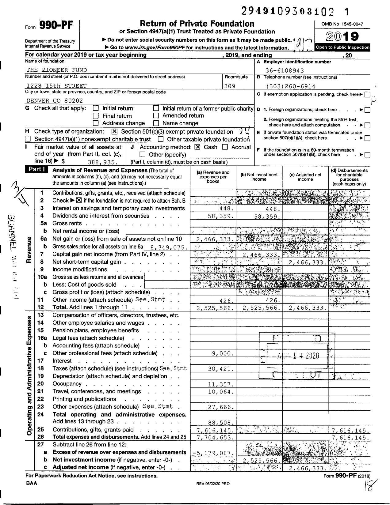 Image of first page of 2019 Form 990PF for The Pioneer Fund