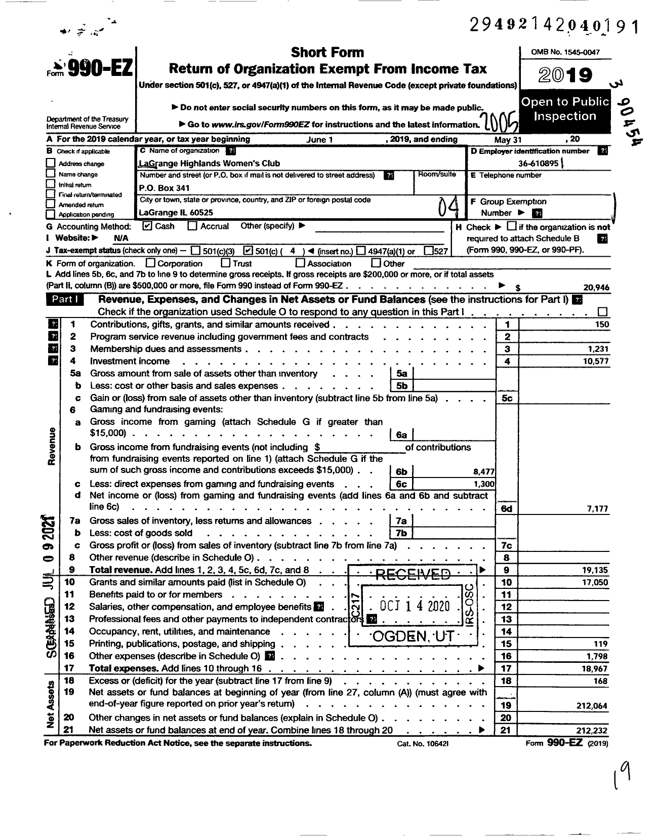 Image of first page of 2019 Form 990EO for La Grange Highlands Womens Club