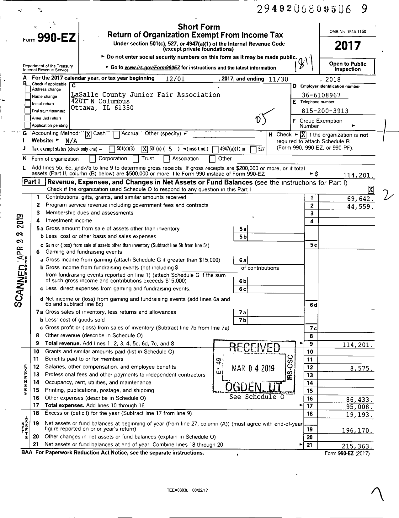 Image of first page of 2017 Form 990EO for LaSalle County Junior Fair Association