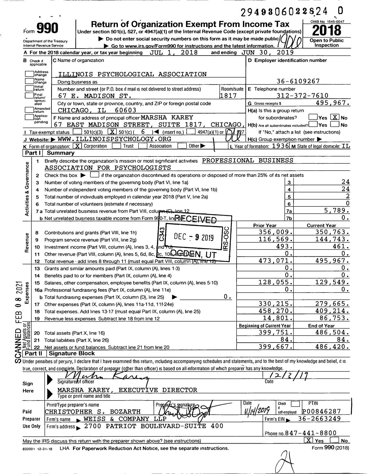 Image of first page of 2018 Form 990O for Illinois Psychological Association