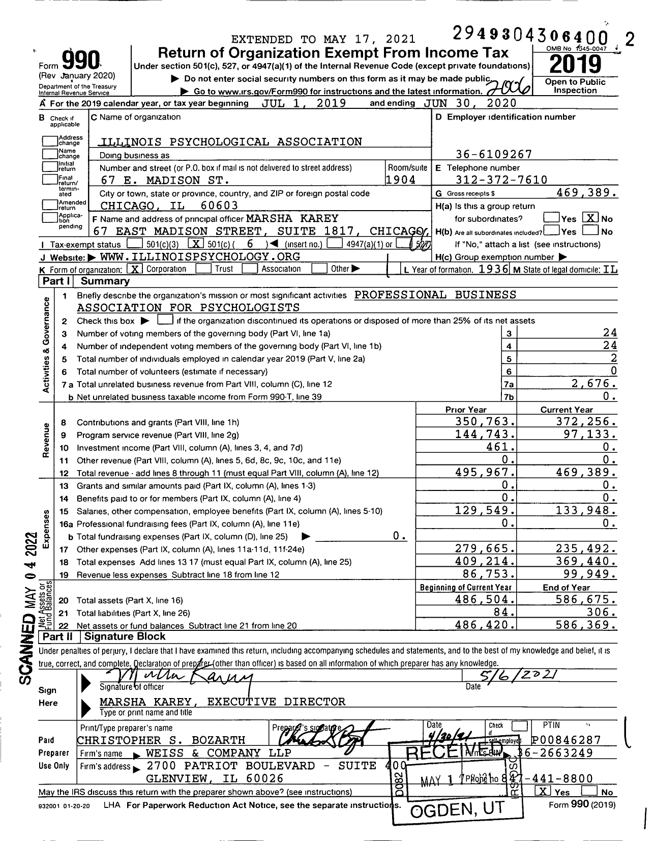 Image of first page of 2019 Form 990O for Illinois Psychological Association