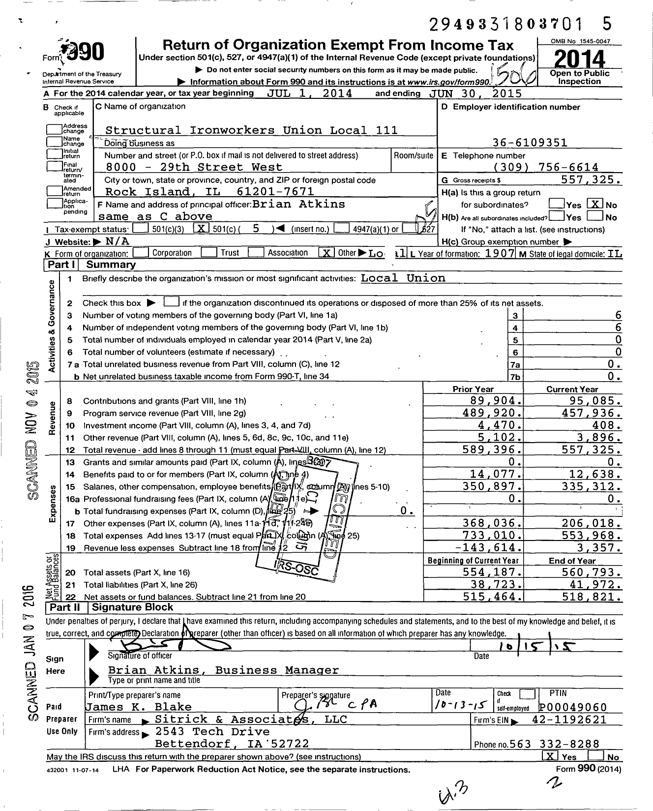 Image of first page of 2014 Form 990O for Structural Ironworkers Union Local