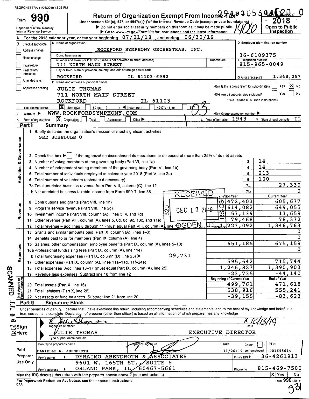 Image of first page of 2018 Form 990 for Rockford Symphony Orchestras (RSO)