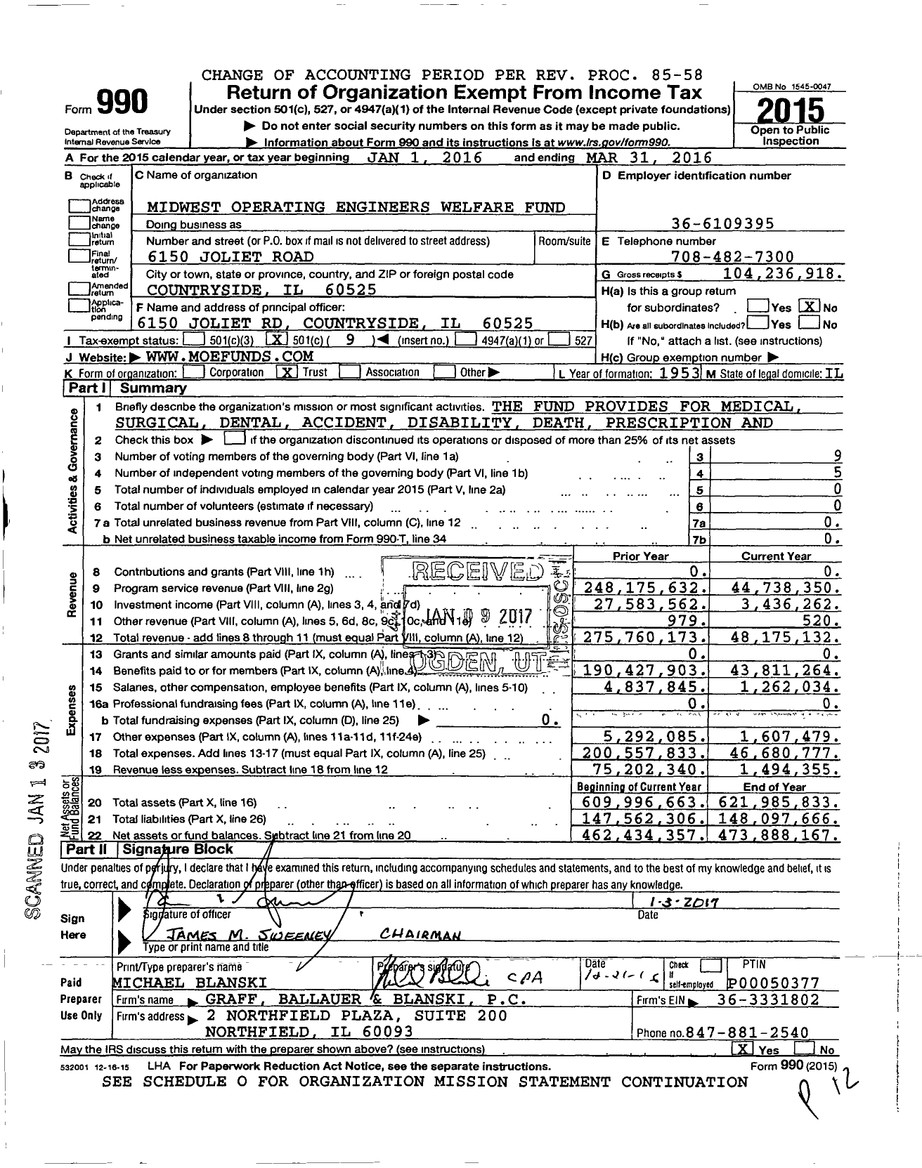 Image of first page of 2015 Form 990O for Midwest Operating Engineers Welfare Fund