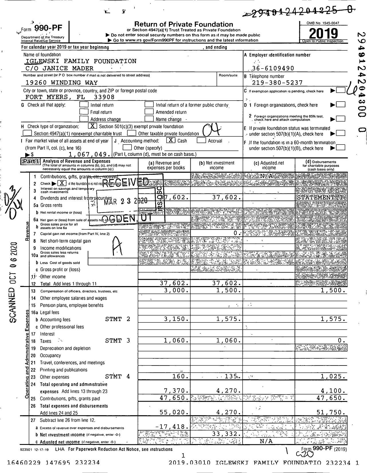 Image of first page of 2019 Form 990PR for Iglewski Family Foundation