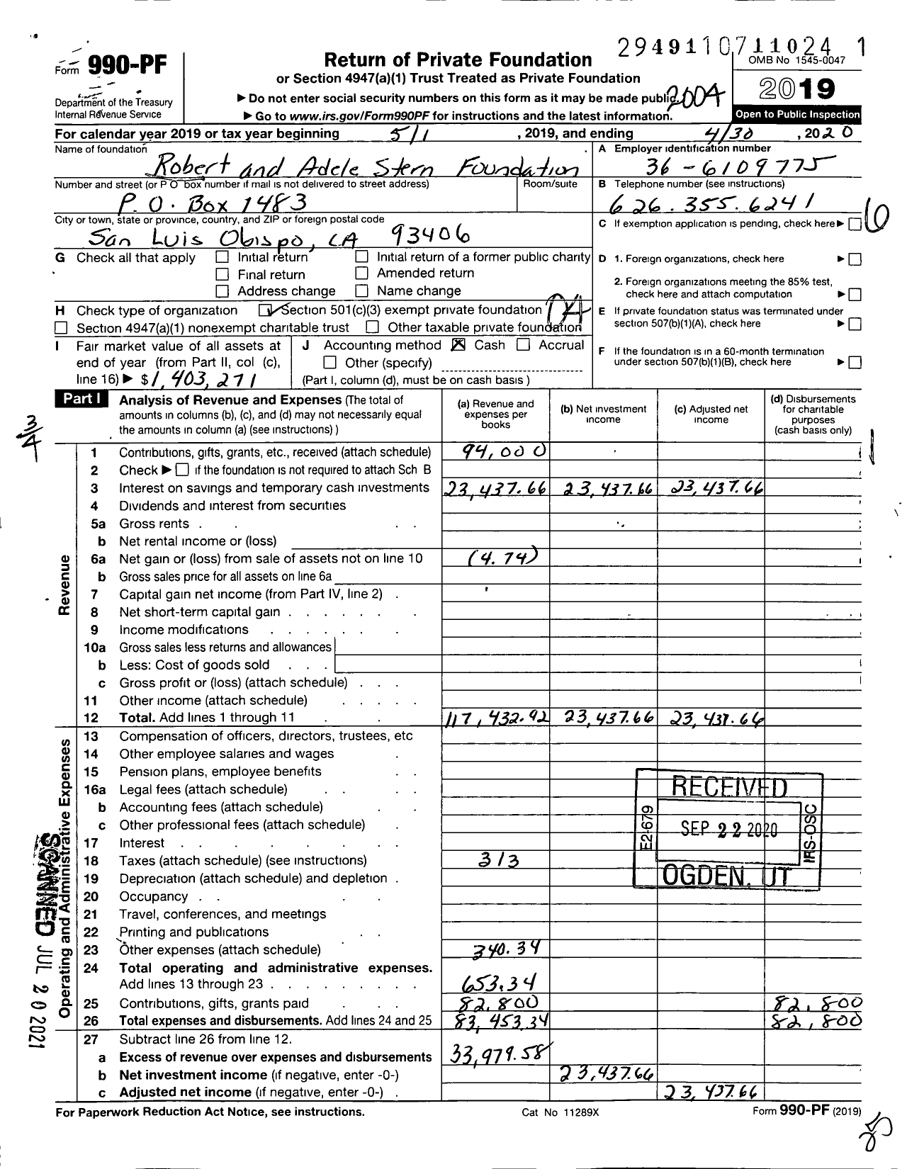 Image of first page of 2019 Form 990PF for Robert and Adele Stern Foundation