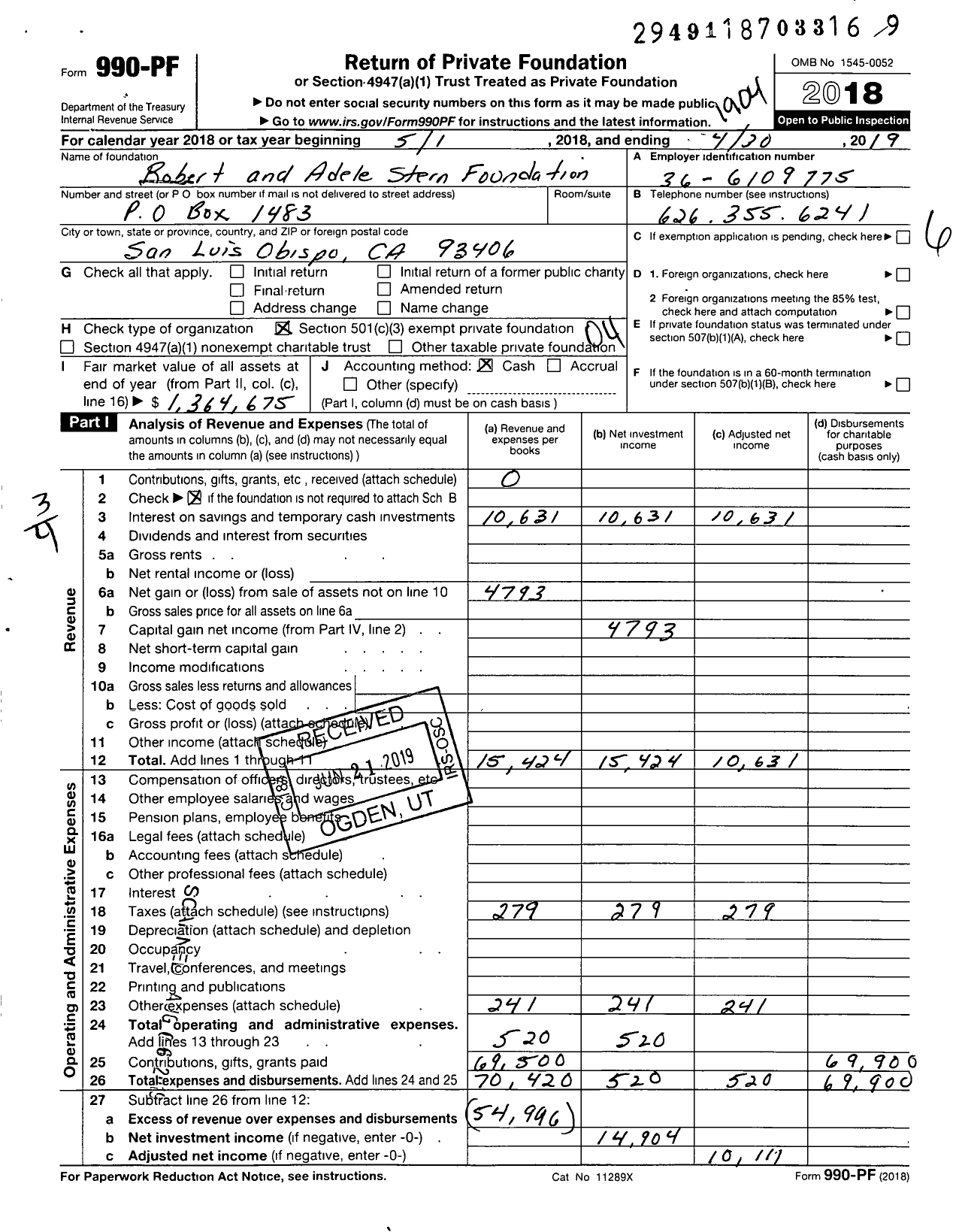 Image of first page of 2018 Form 990PF for Robert and Adele Stern Foundation