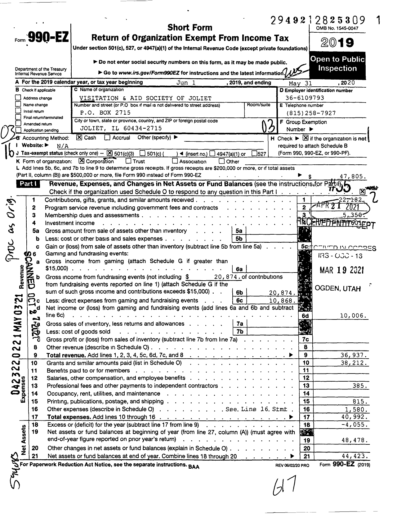 Image of first page of 2019 Form 990EZ for Visitation and Aid Society of Joliet