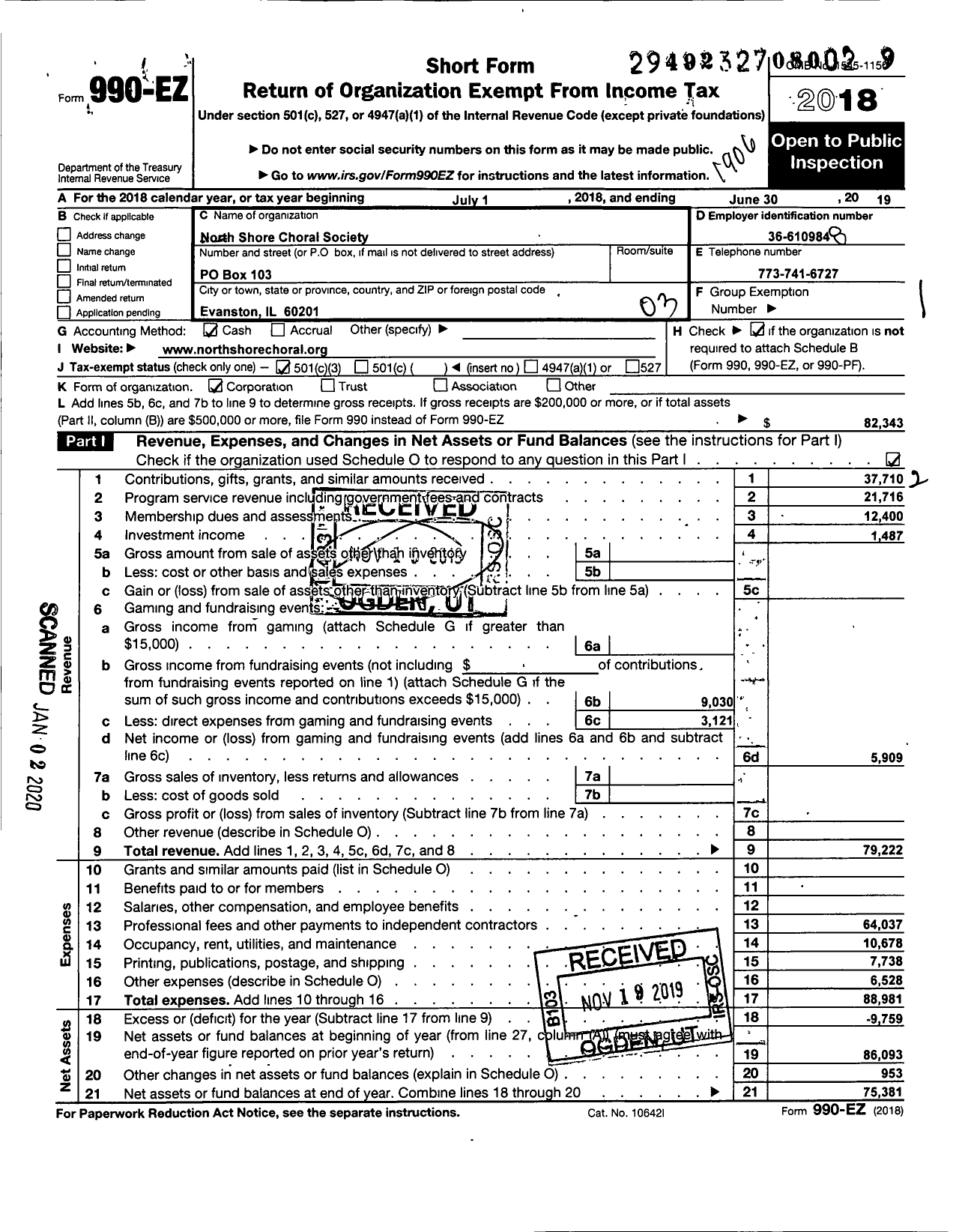 Image of first page of 2018 Form 990EZ for North Shore Choral Society