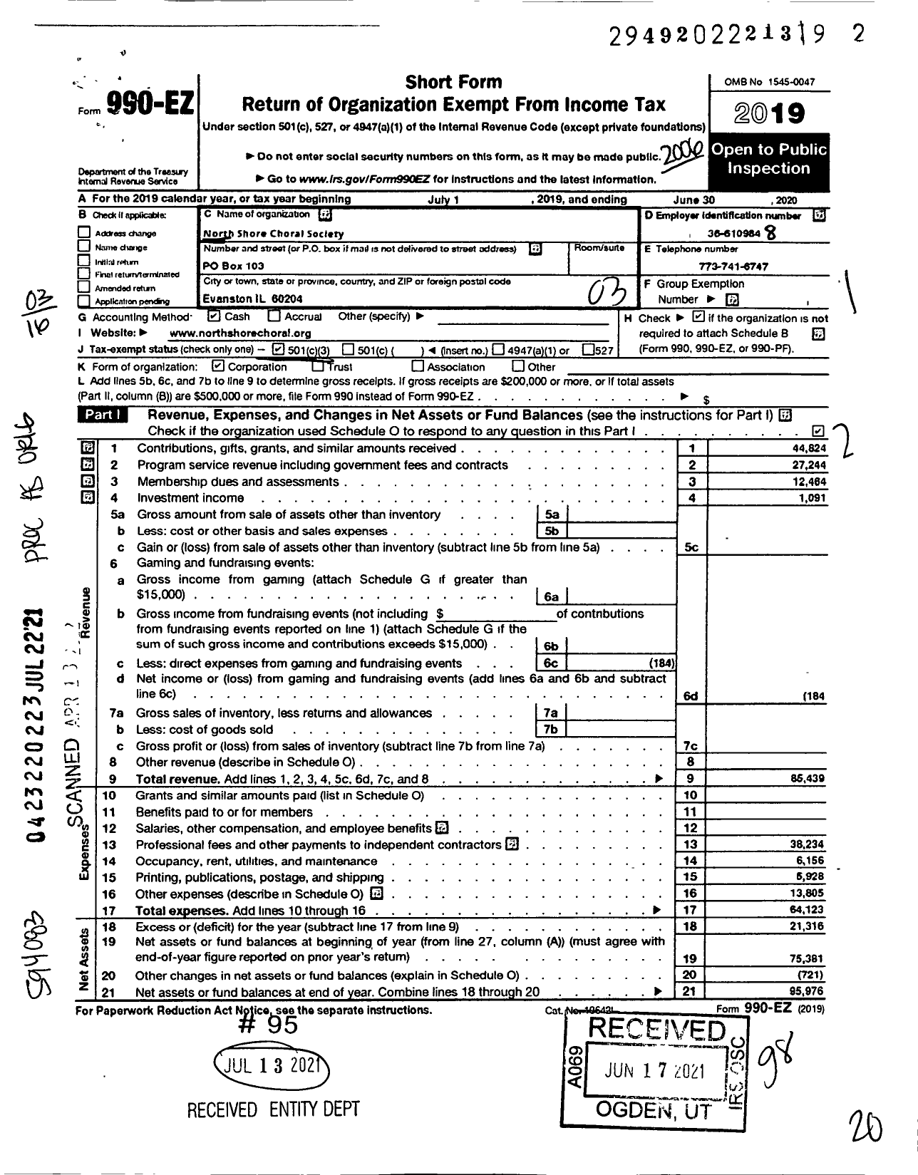 Image of first page of 2019 Form 990EZ for North Shore Choral Society