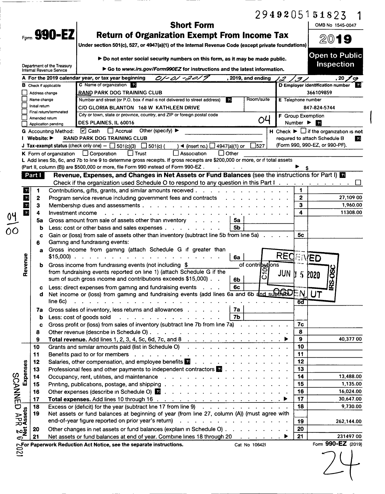 Image of first page of 2019 Form 990EO for Rand Park Dog Training Club