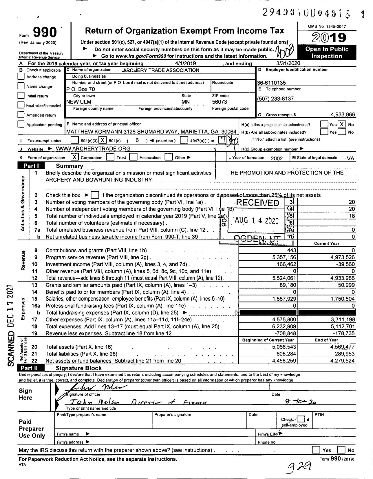 Image of first page of 2019 Form 990O for Archery Trade Association (ATA)