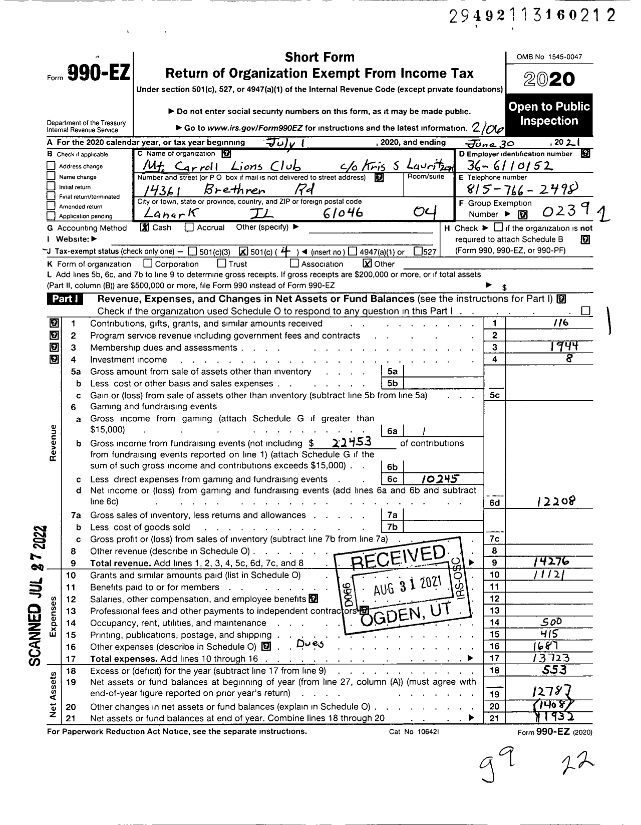 Image of first page of 2020 Form 990EO for LIONS CLUBS - 257 Mount Carroll