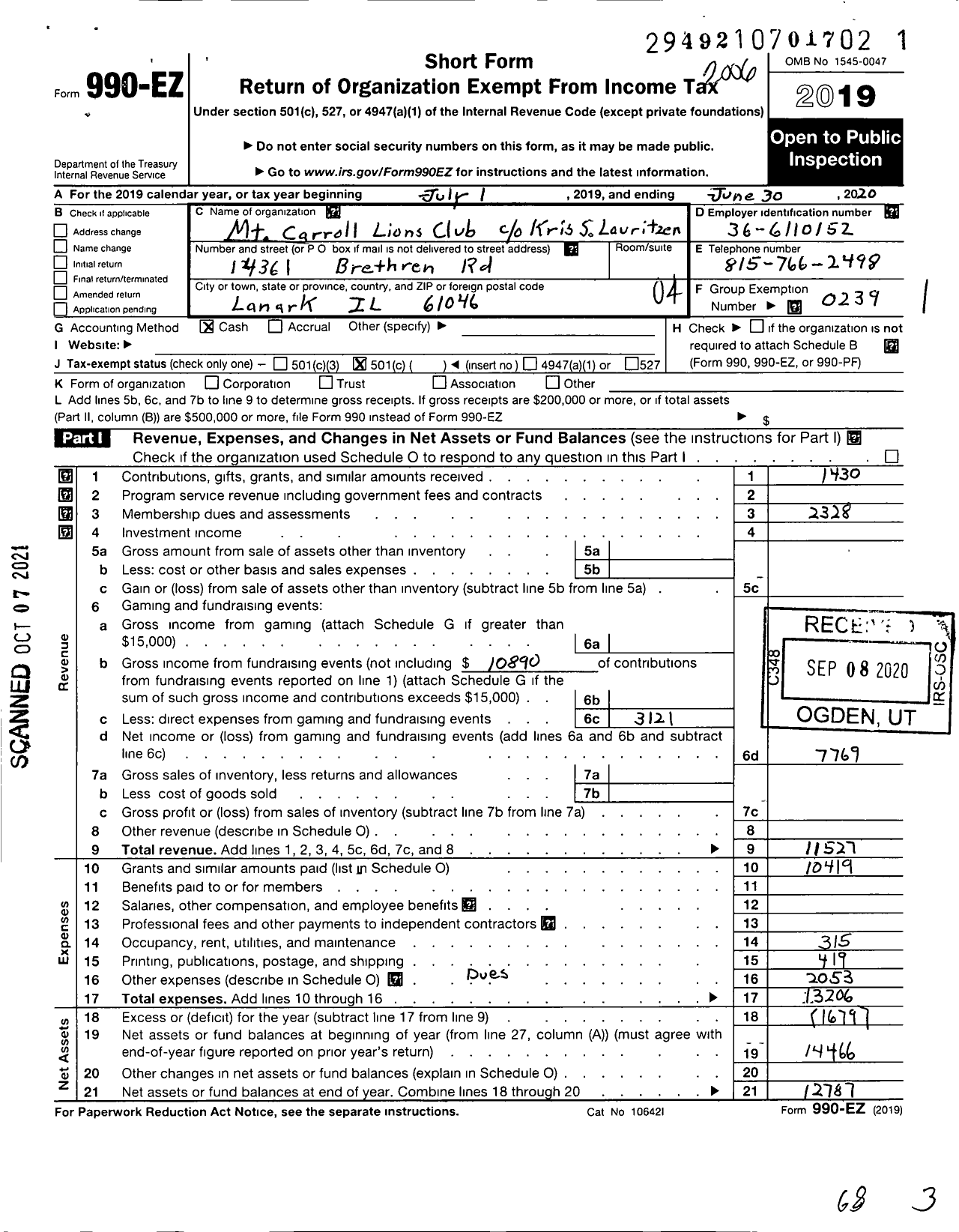 Image of first page of 2019 Form 990EO for LIONS CLUBS - 257 Mount Carroll