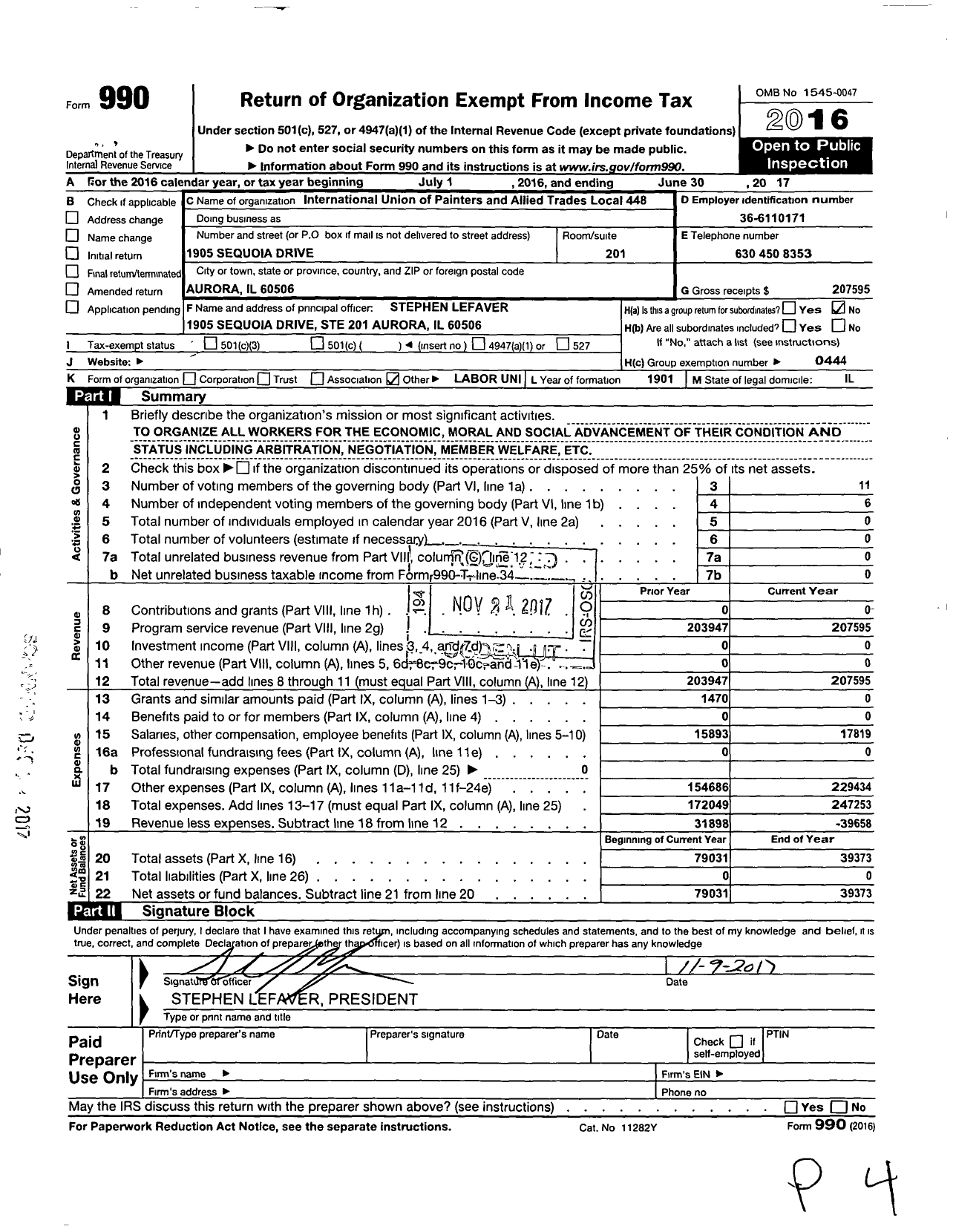 Image of first page of 2016 Form 990O for International Union of Painters and Allied Trades - 448 Painters Local Union