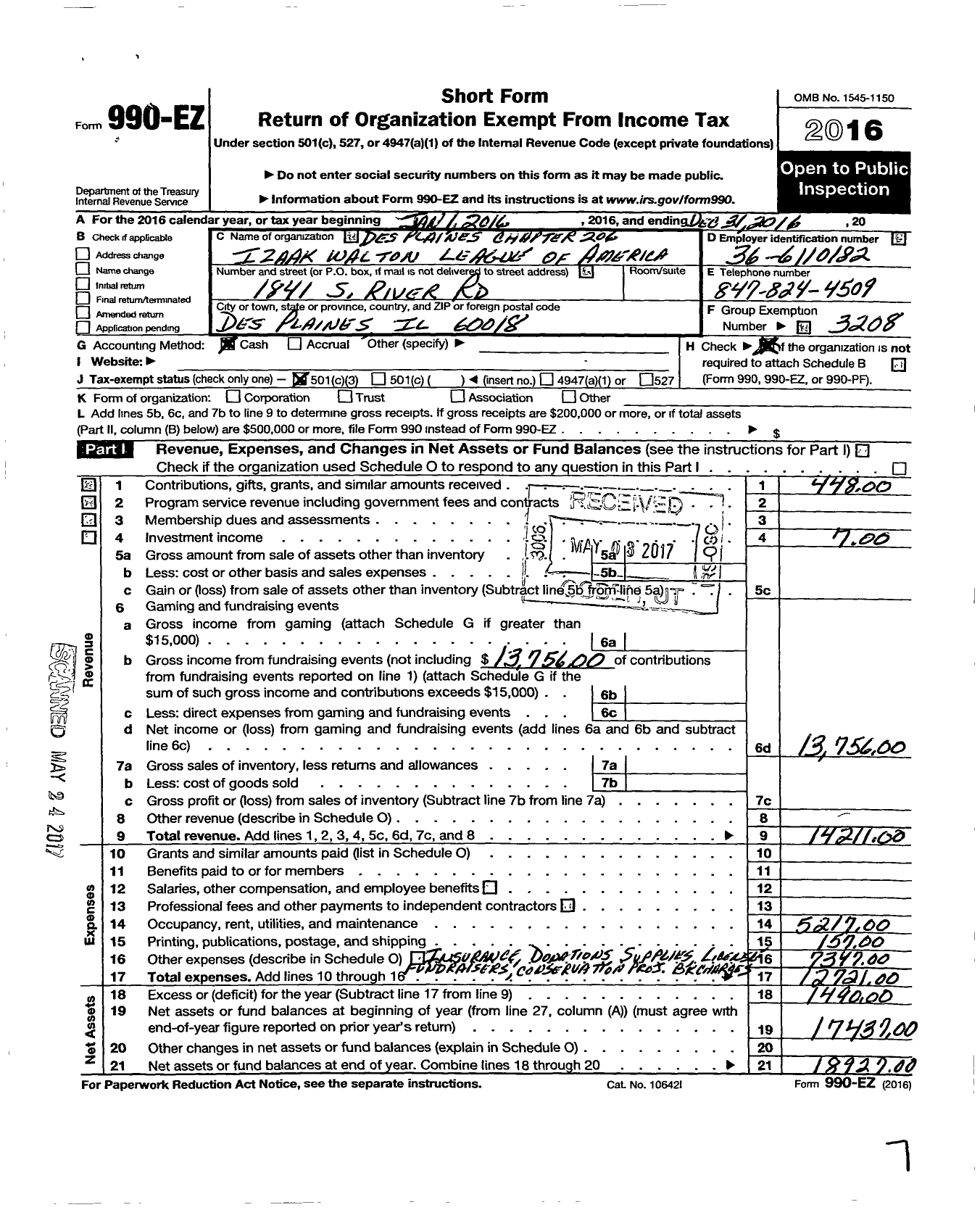 Image of first page of 2016 Form 990EZ for Izaak Walton League of America - Des Plaines Chapter