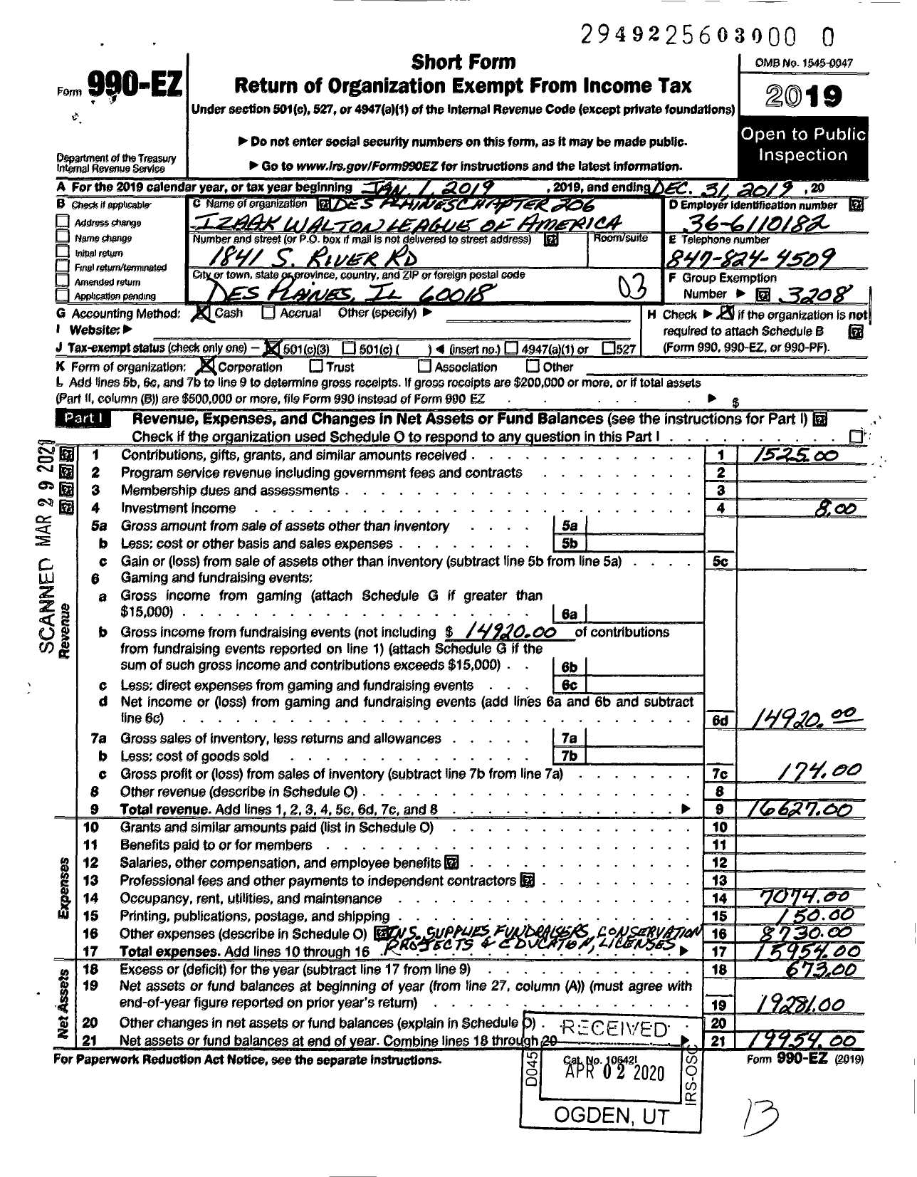 Image of first page of 2019 Form 990EZ for Izaak Walton League of America - Des Plaines Chapter