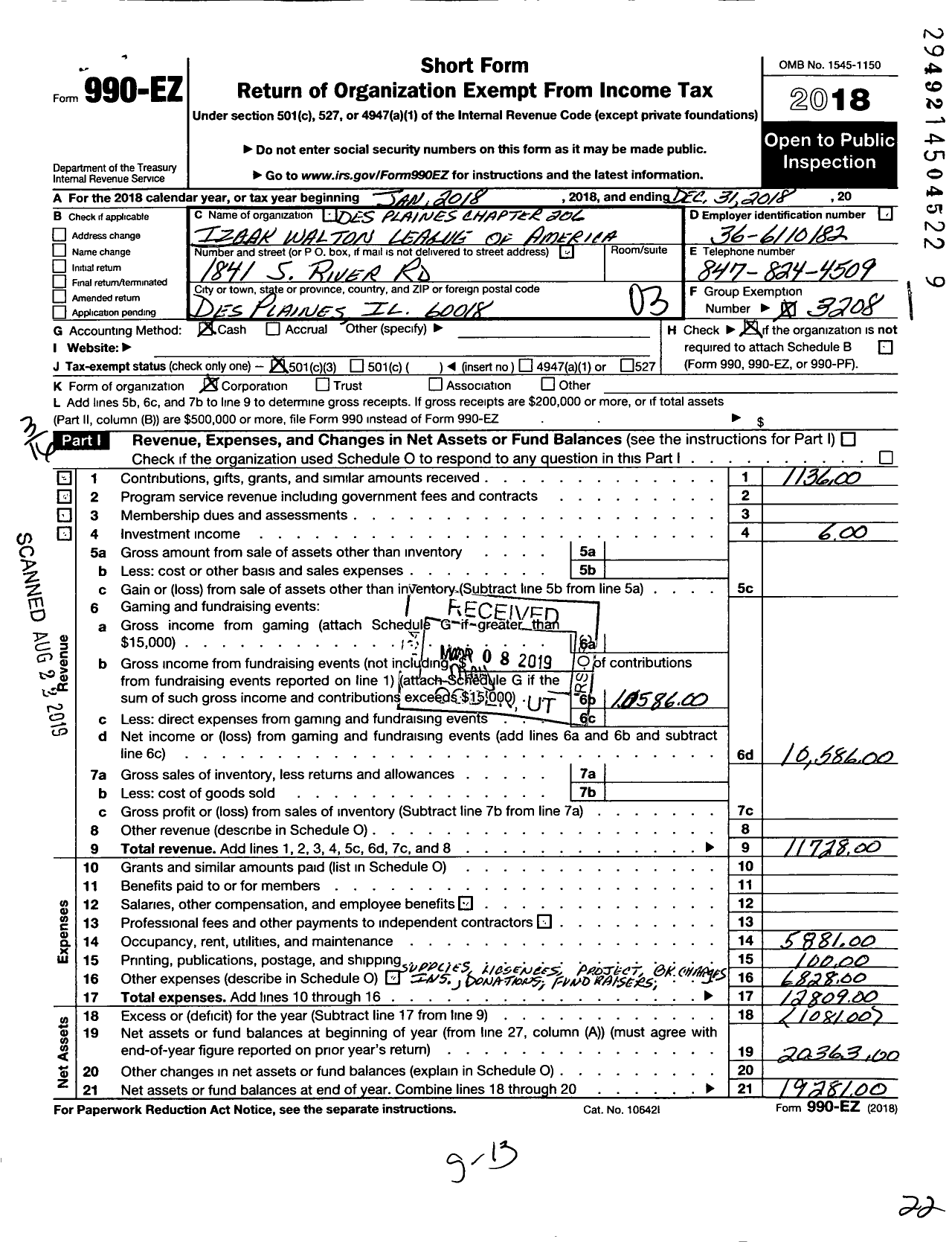 Image of first page of 2018 Form 990EZ for Izaak Walton League of America - Des Plaines Chapter