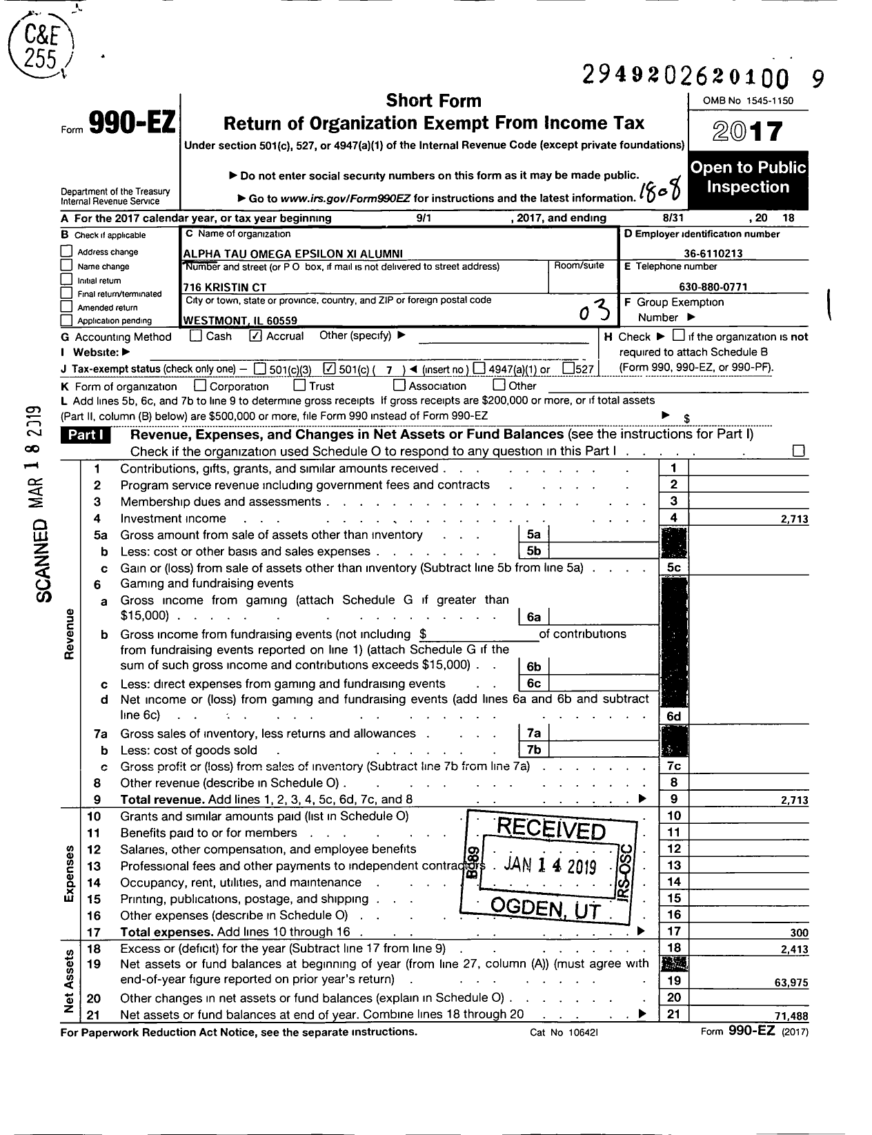 Image of first page of 2017 Form 990EZ for Alpha Tau Omega Epsilon Xi Alumni