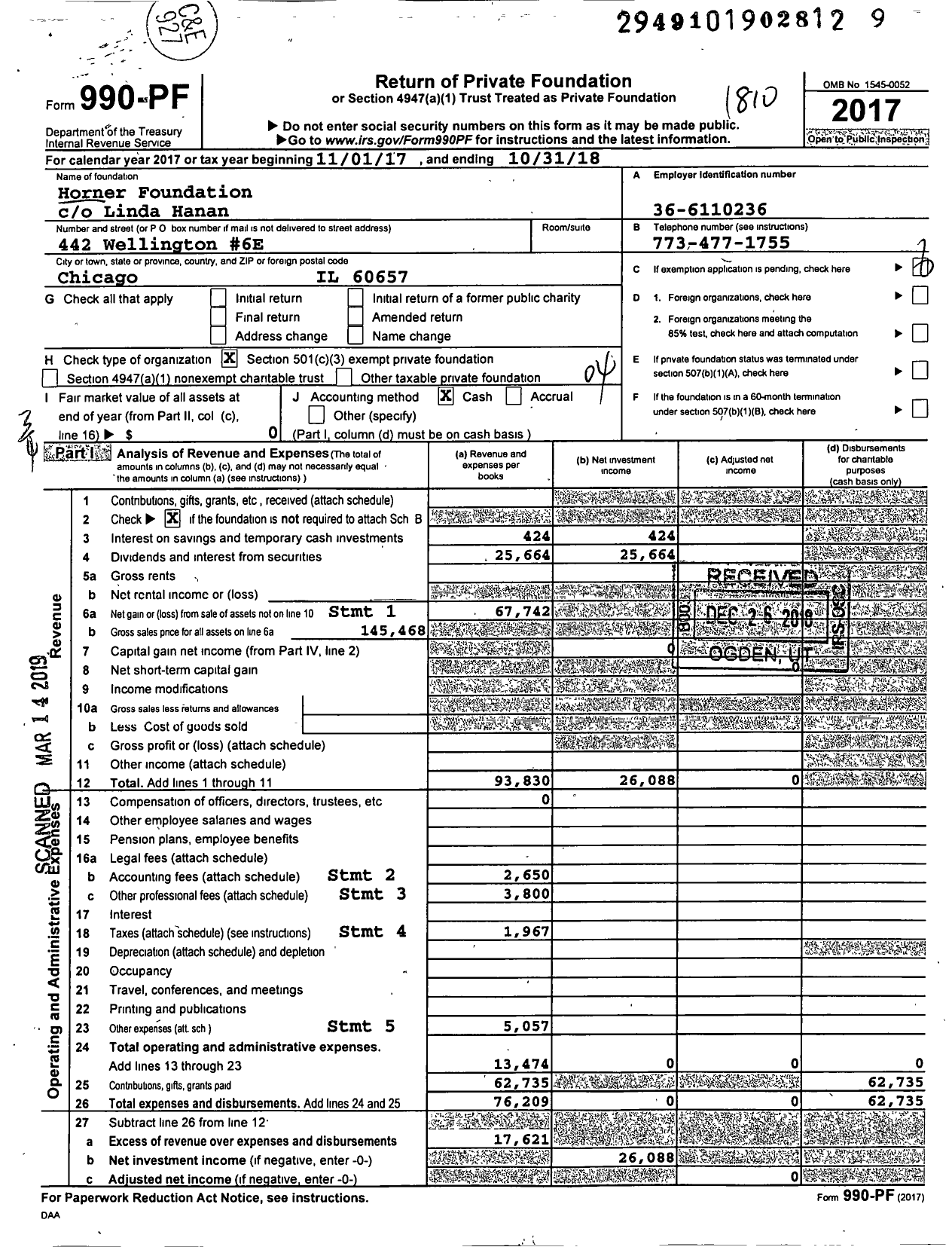 Image of first page of 2017 Form 990PF for Horner Foundation