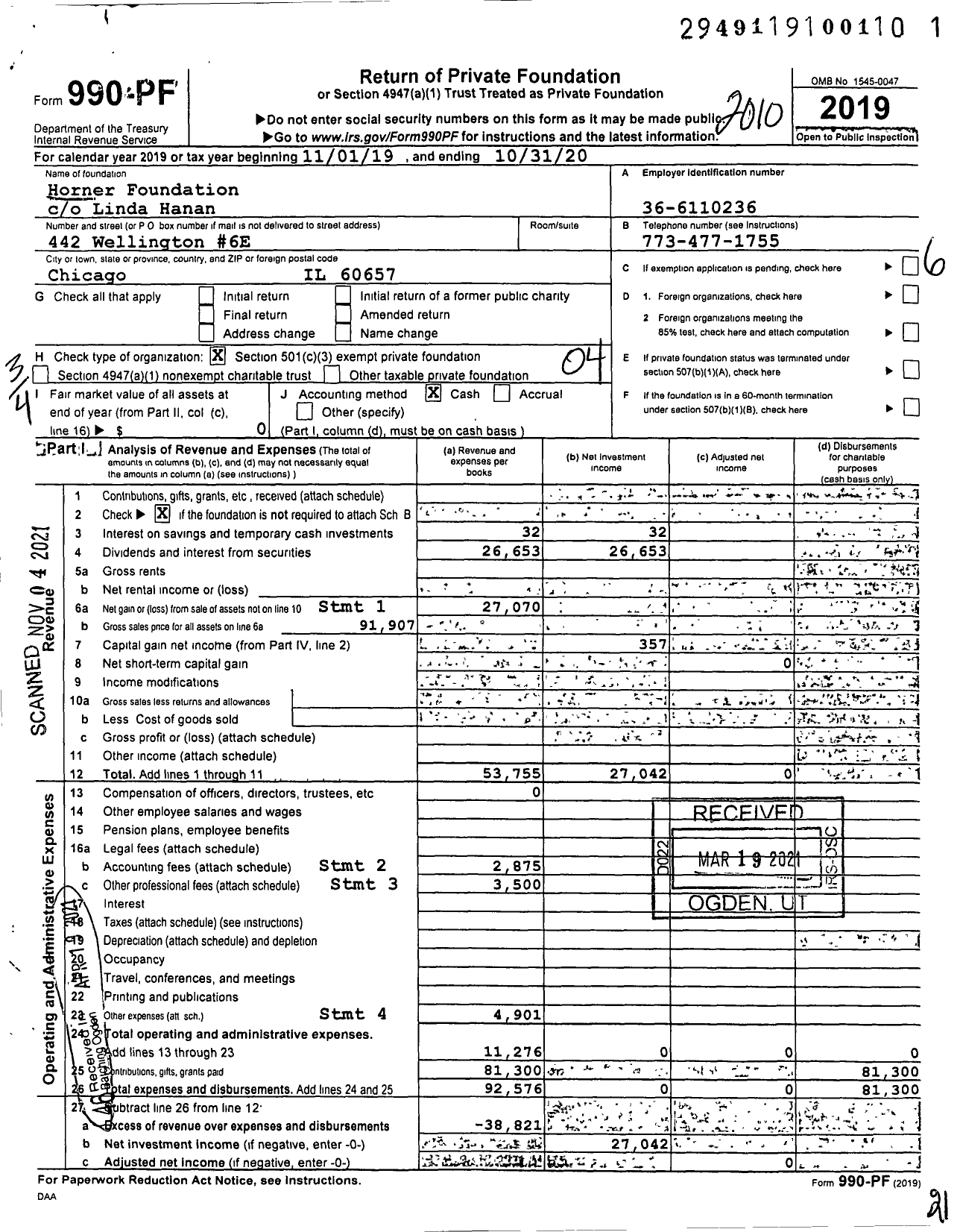 Image of first page of 2019 Form 990PF for Horner Foundation