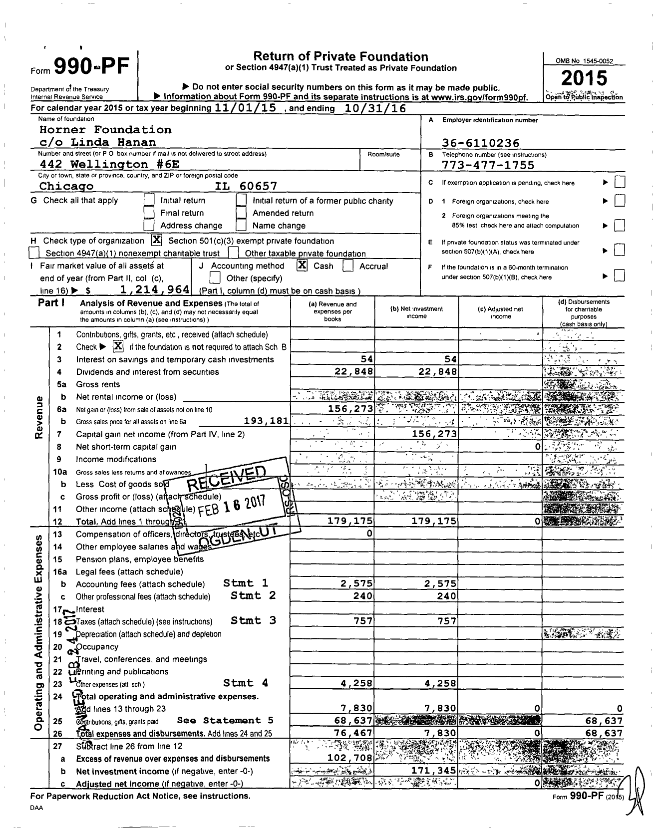 Image of first page of 2015 Form 990PF for Horner Foundation