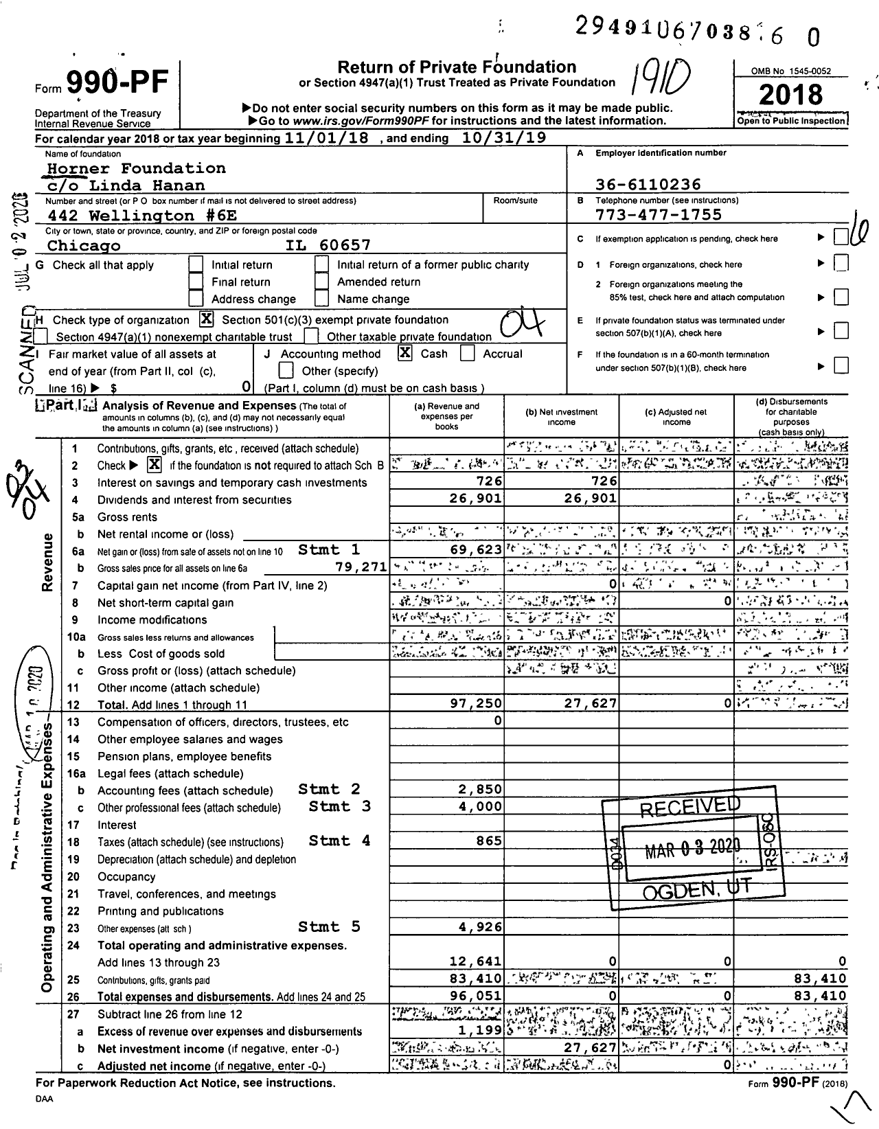 Image of first page of 2018 Form 990PR for Horner Foundation