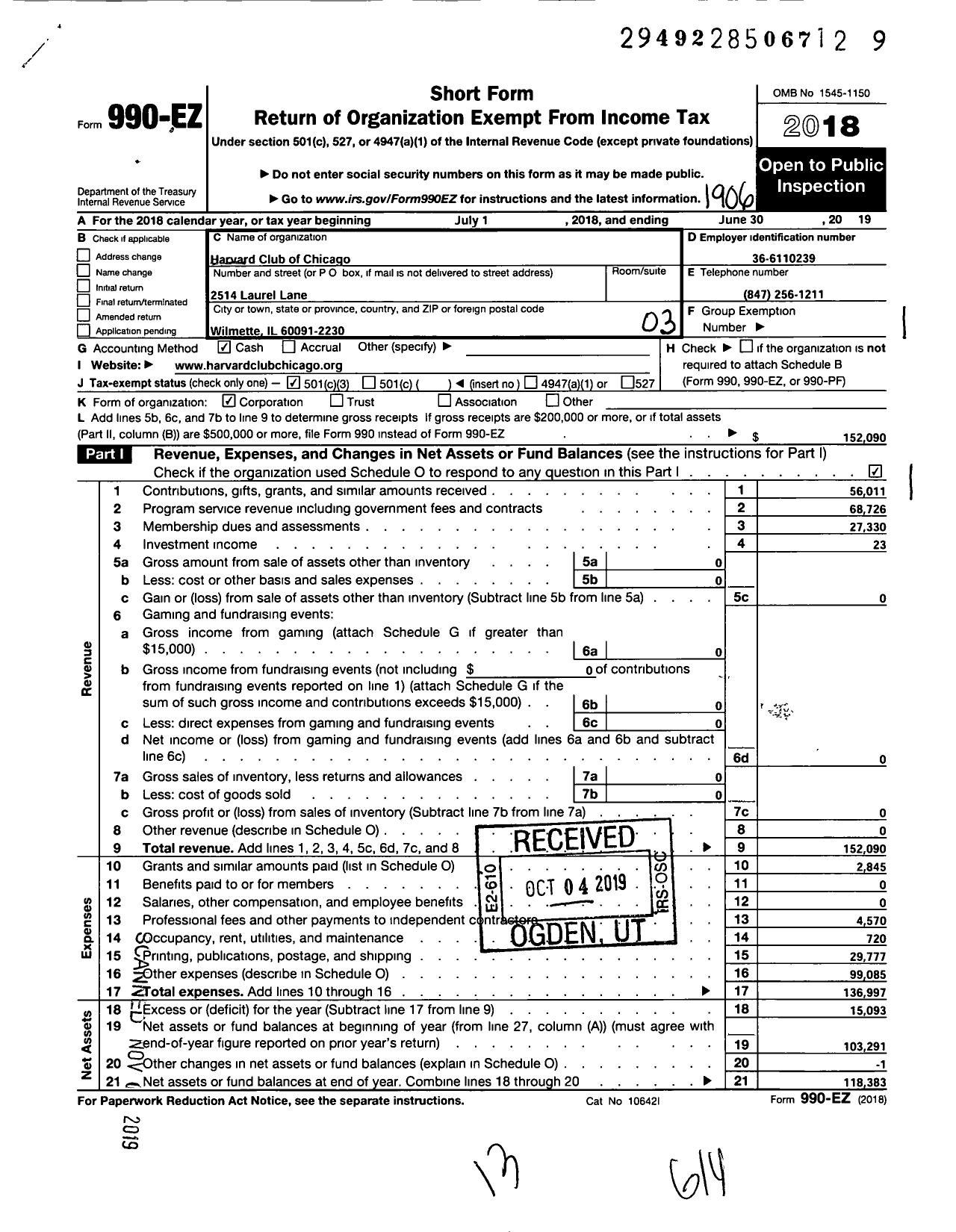 Image of first page of 2018 Form 990EZ for Harvard Club of Chicago